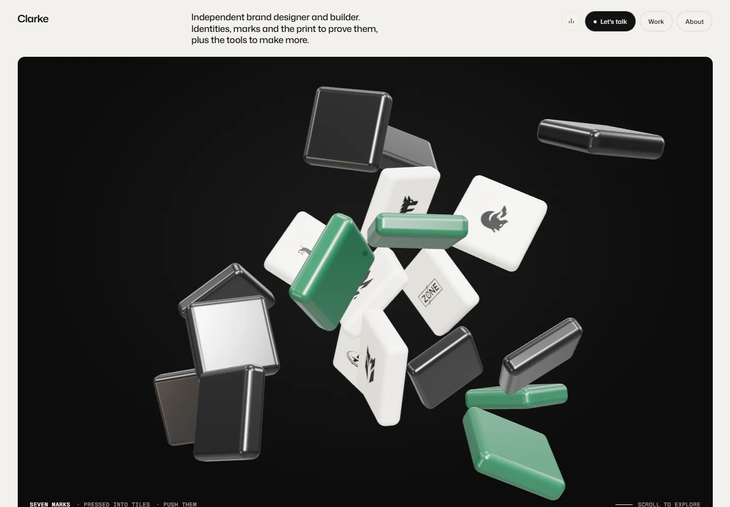 The front page of clarkesdirective.com, seven marks pressed into tiles on a black card