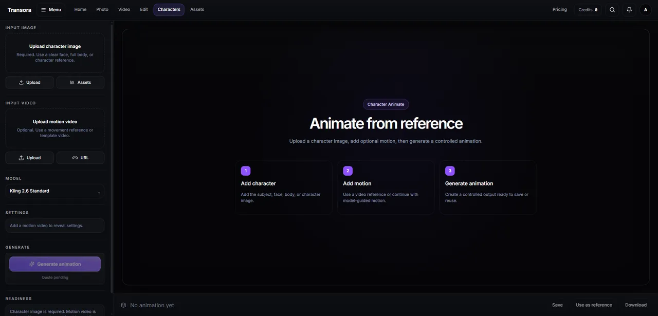 Transora character animation screen turning a still character into motion