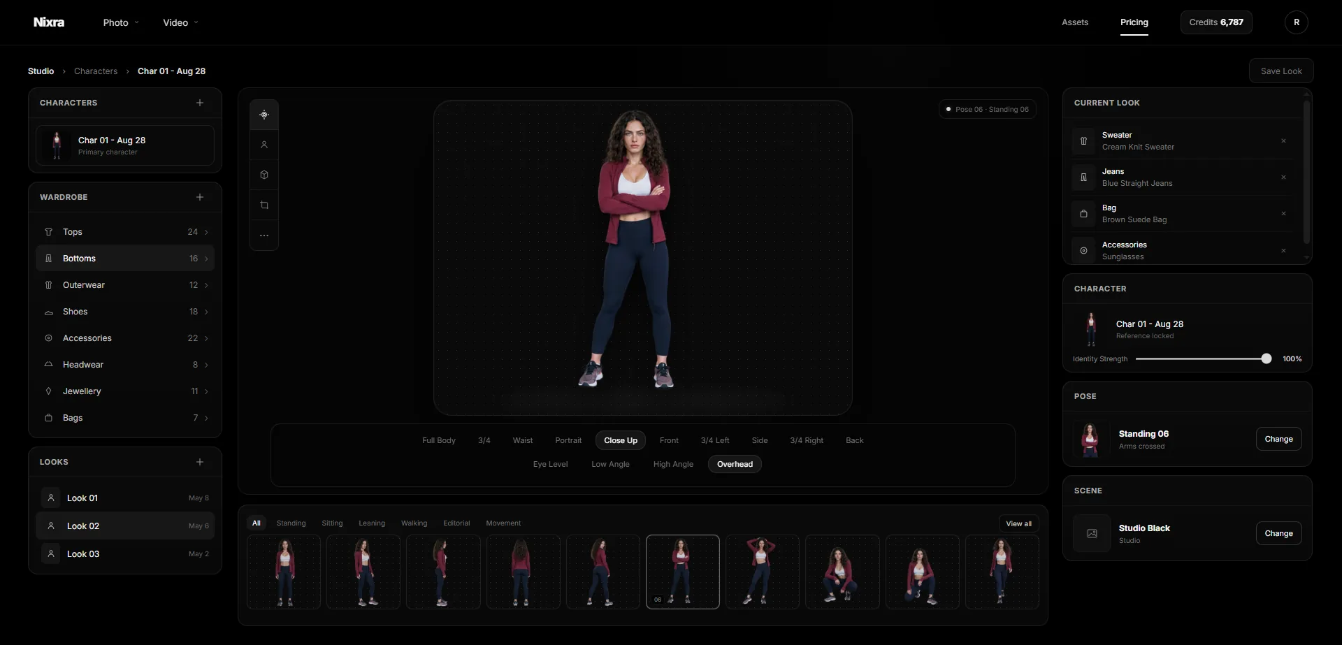 The Nixra wardrobe screen: a character locked to a reference at full identity strength, wardrobe categories and saved looks down the left, a pose library along the bottom, and current look, pose and scene panels on the right