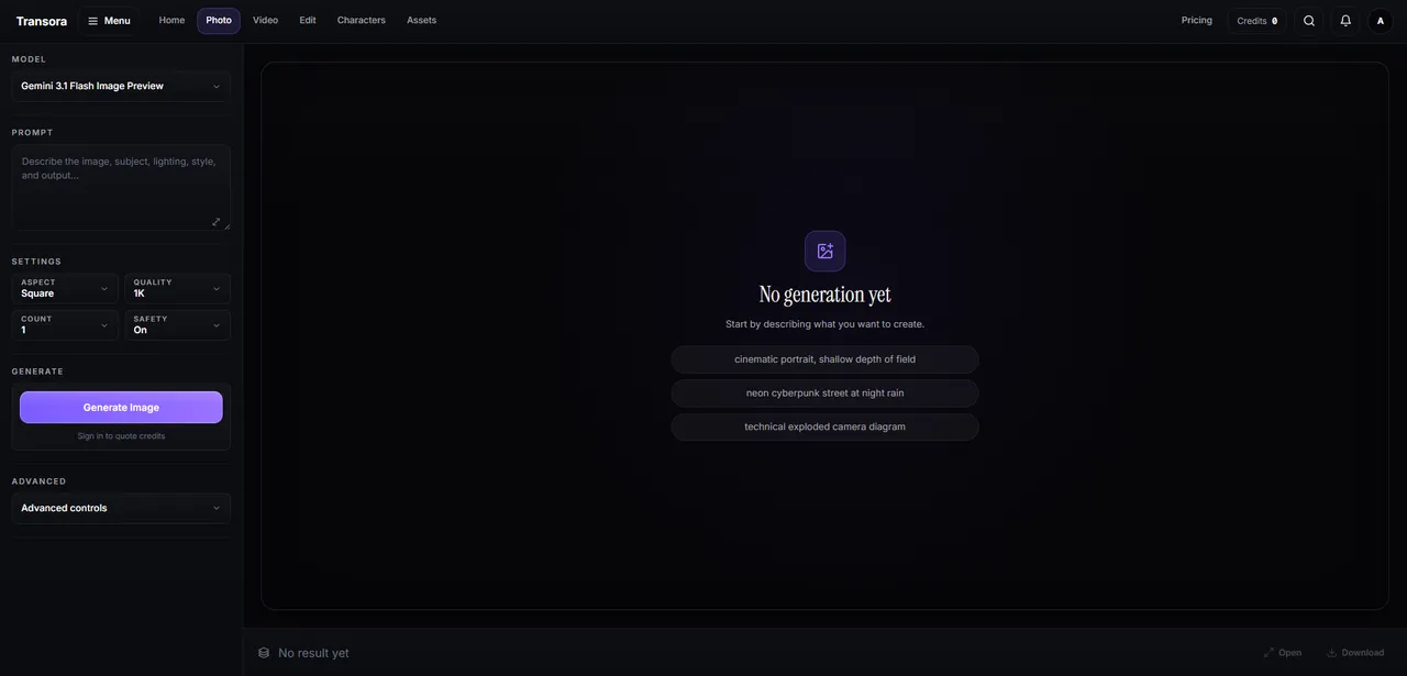 Transora image creation screen with model, references, prompt, and output settings