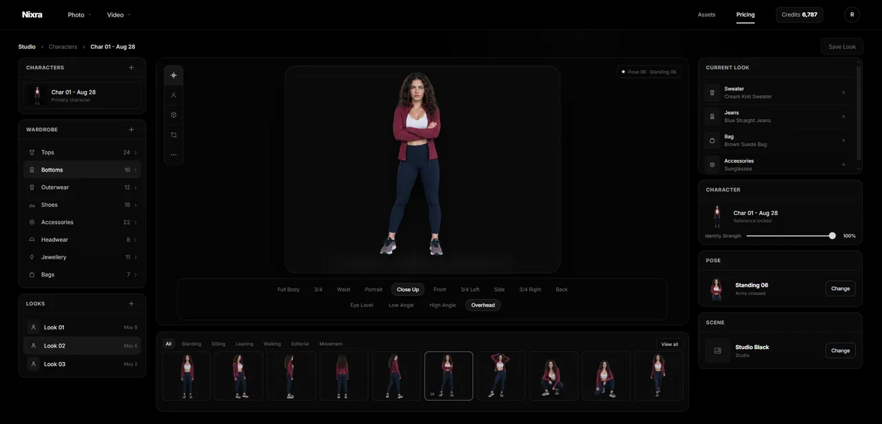 Nixra wardrobe screen: a reference-locked character at full identity strength, wardrobe categories, saved looks, a pose library, and framing, angle and scene controls