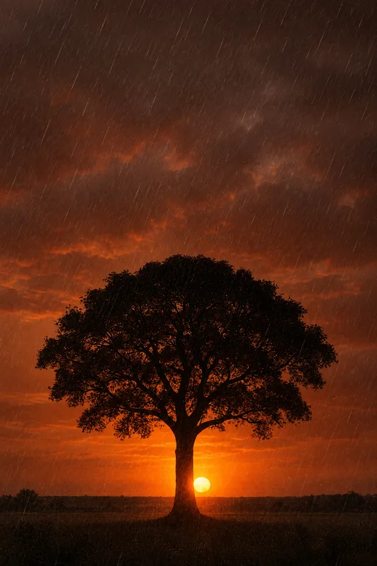 The same tree under rain · fog · heat