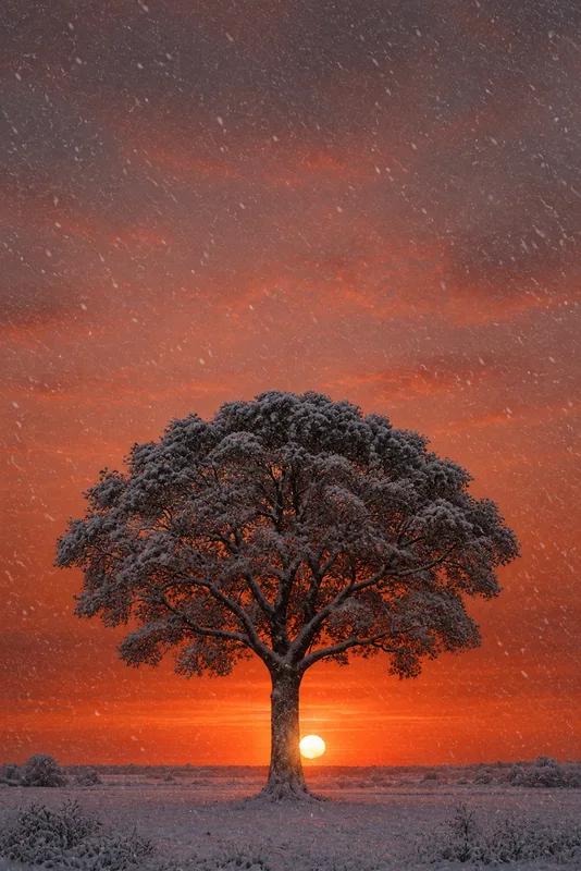 The same tree under clear · storm · snow