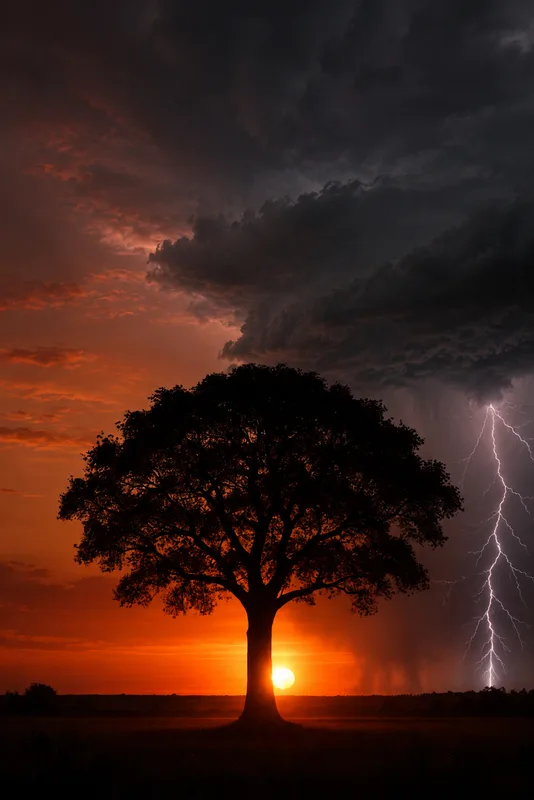 The same tree under clear · storm · snow