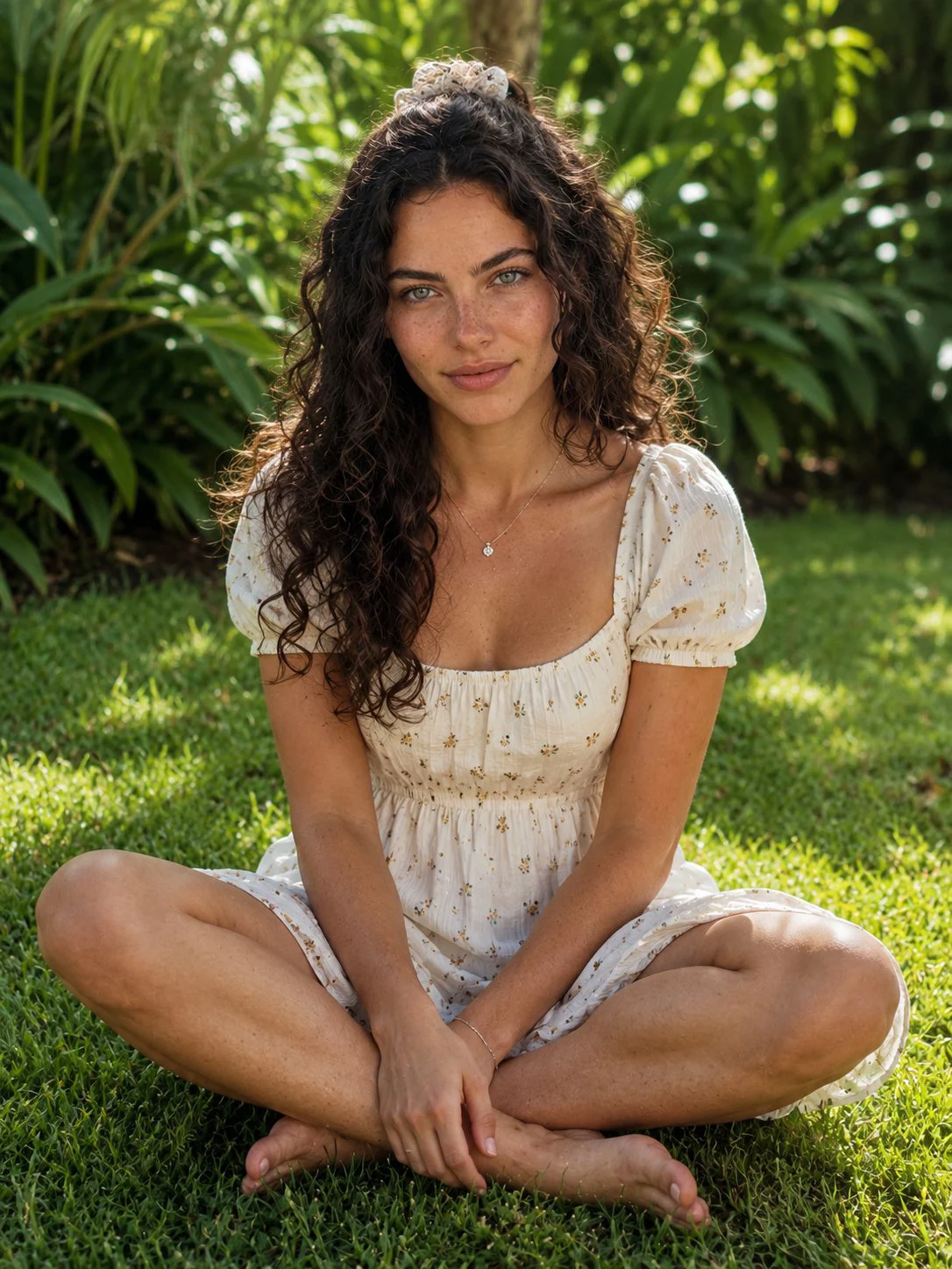 Woman in a white floral midi dress sitting cross-legged barefoot on bright green grass in a sunlit garden, shot with shallow depth of field.