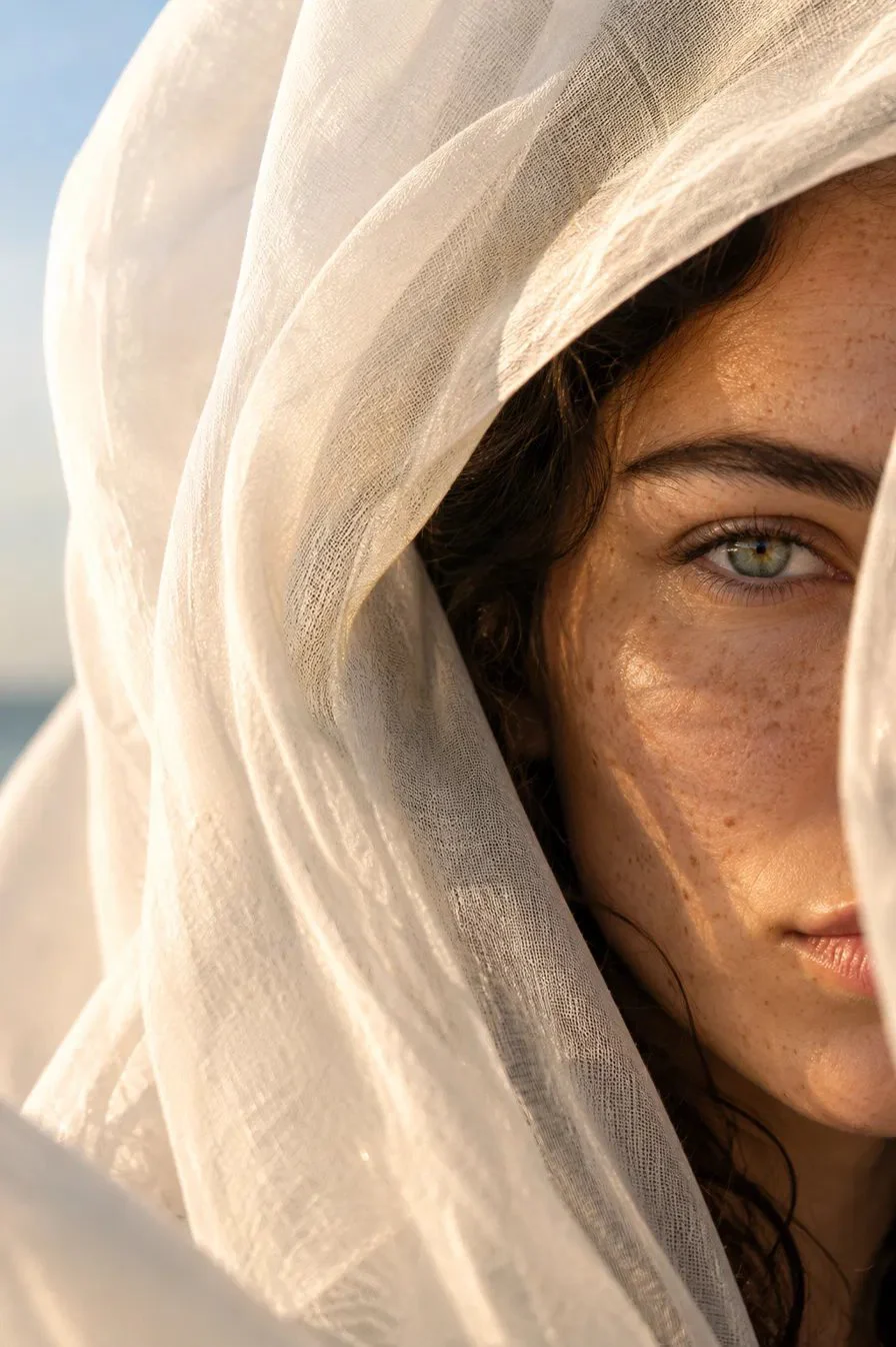 Close-up portrait of a woman half concealed behind a sheer white linen veil in golden-hour light, one green eye sharply in focus.