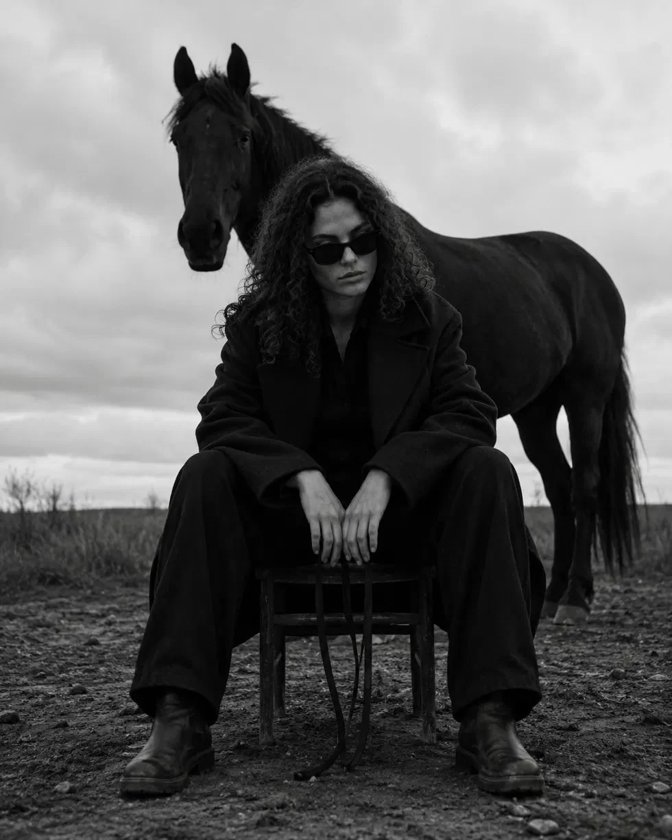 High-contrast black and white photograph of a person in a dark oversized coat and sunglasses sitting on a low chair with a large dark horse standing behind them.