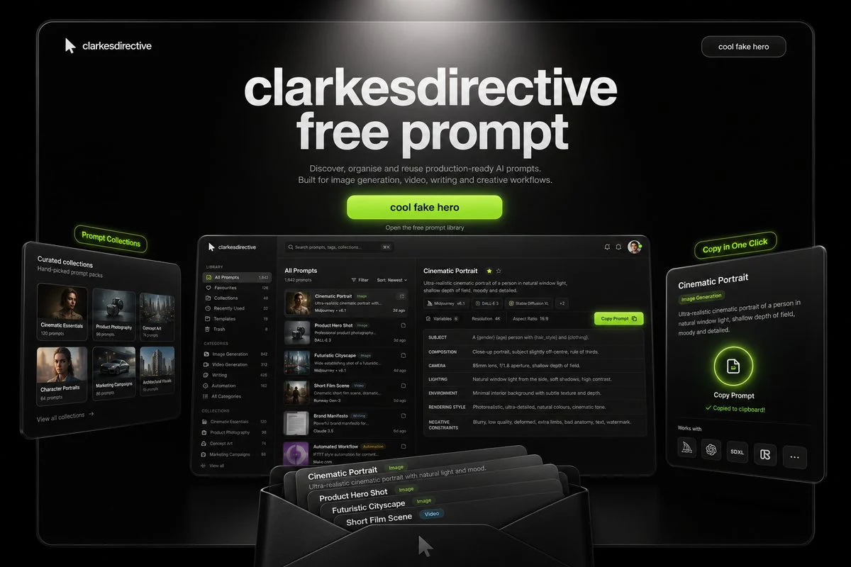 Generated image of a dark software landing page with a spotlit headline, a green call-to-action button and floating dashboard panels.