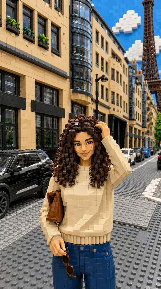 The same scene rebuilt from interlocking toy bricks