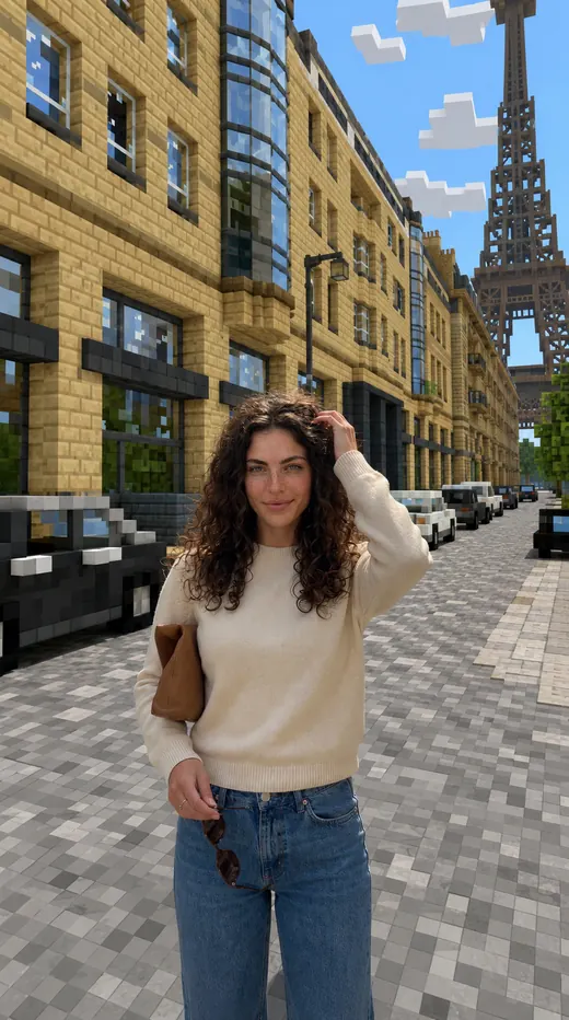 The source street rebuilt as a voxel world with the subject left photographic