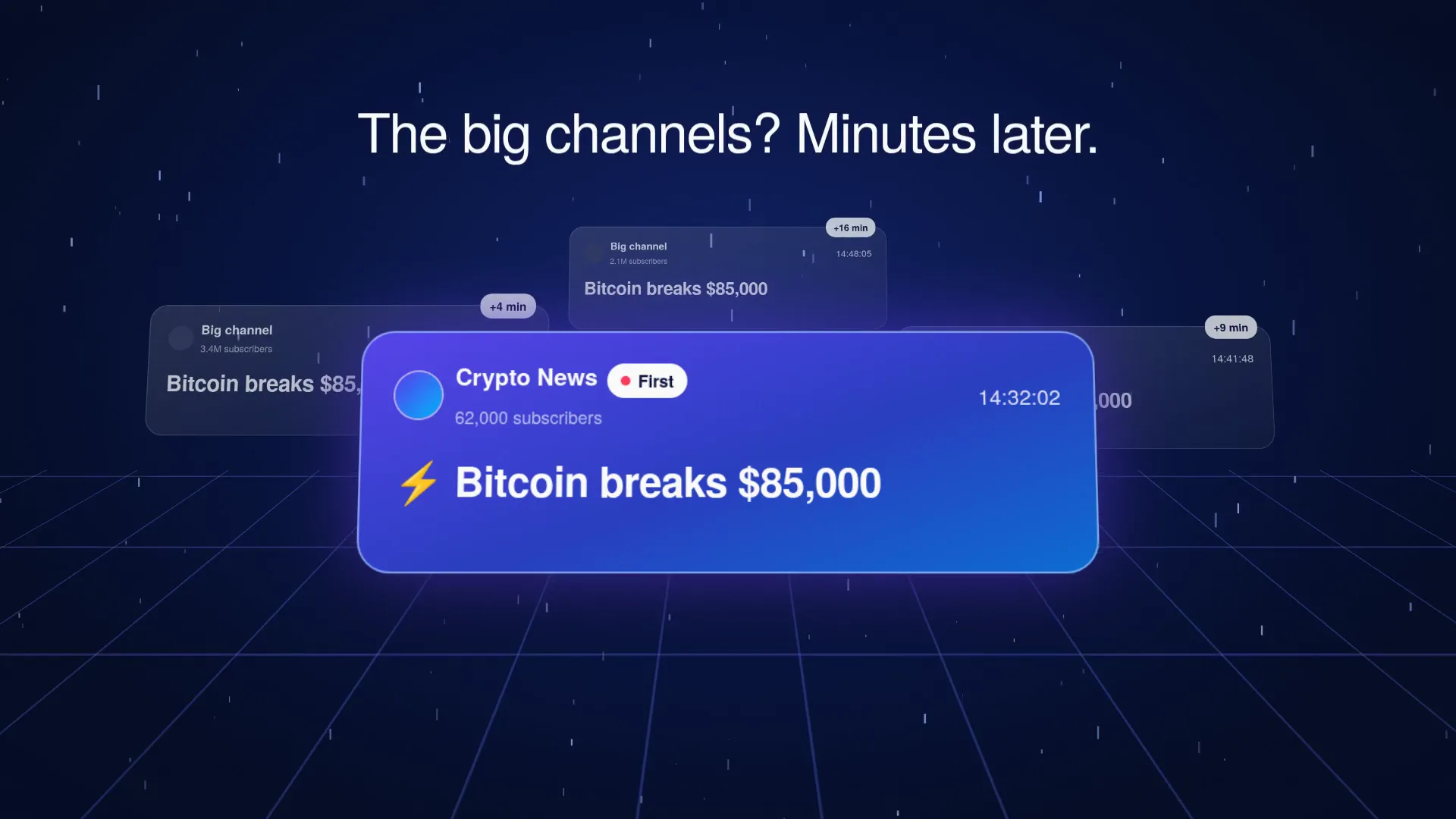 A blue Crypto News card marked First, with the larger channels' cards arriving behind it