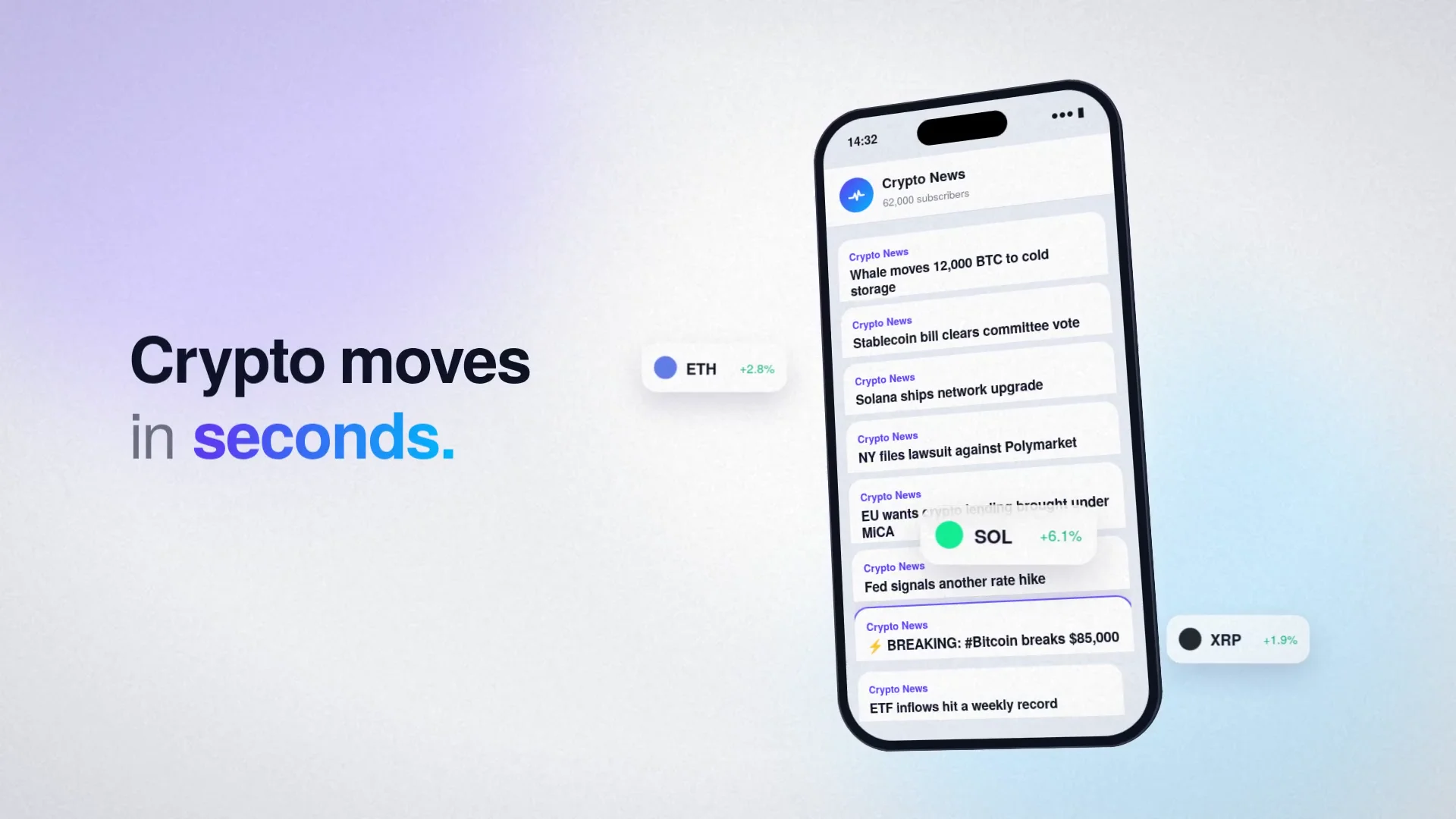 A phone showing the Crypto News feed beside the line Crypto moves in seconds
