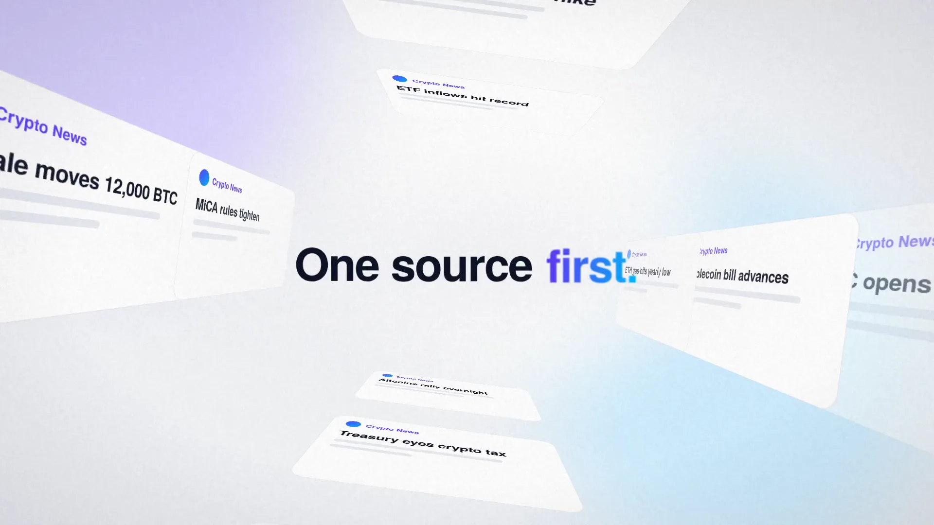 Headlines flying through 3D space around the words One source first