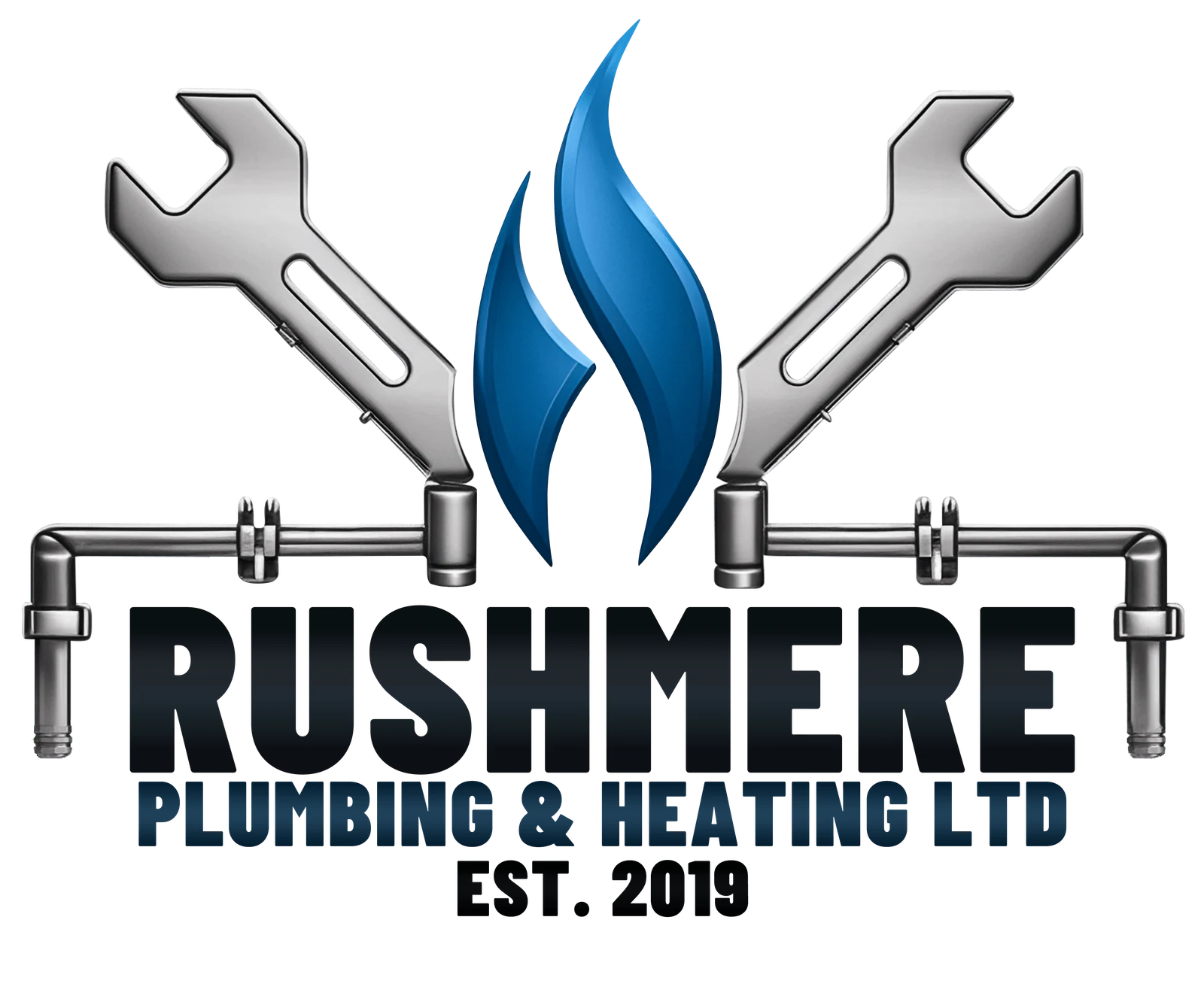Rushmere Plumbing and Heating primary lockup: two crossed chrome wrenches over a blue flame, with pipework framing the wordmark and Est. 2019 beneath