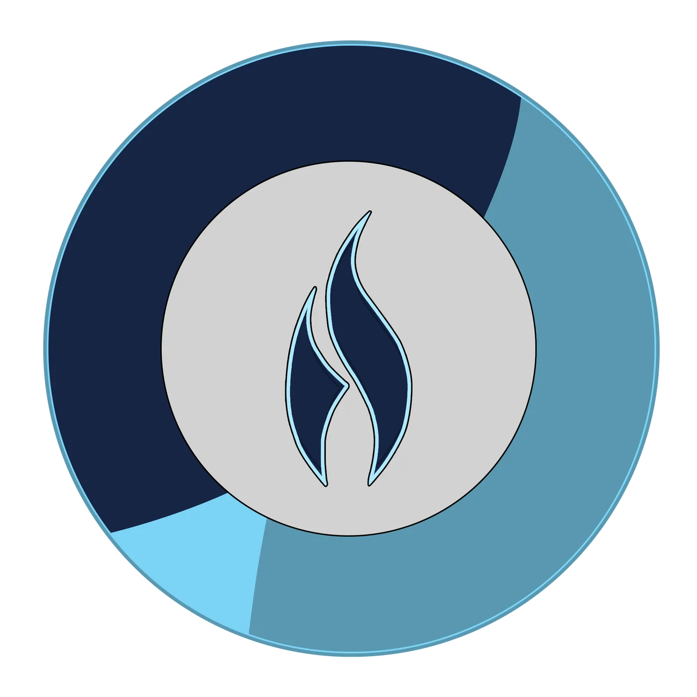 Rushmere roundel badge: navy, steel, and sky segments around the flame mark, cut as a sticker