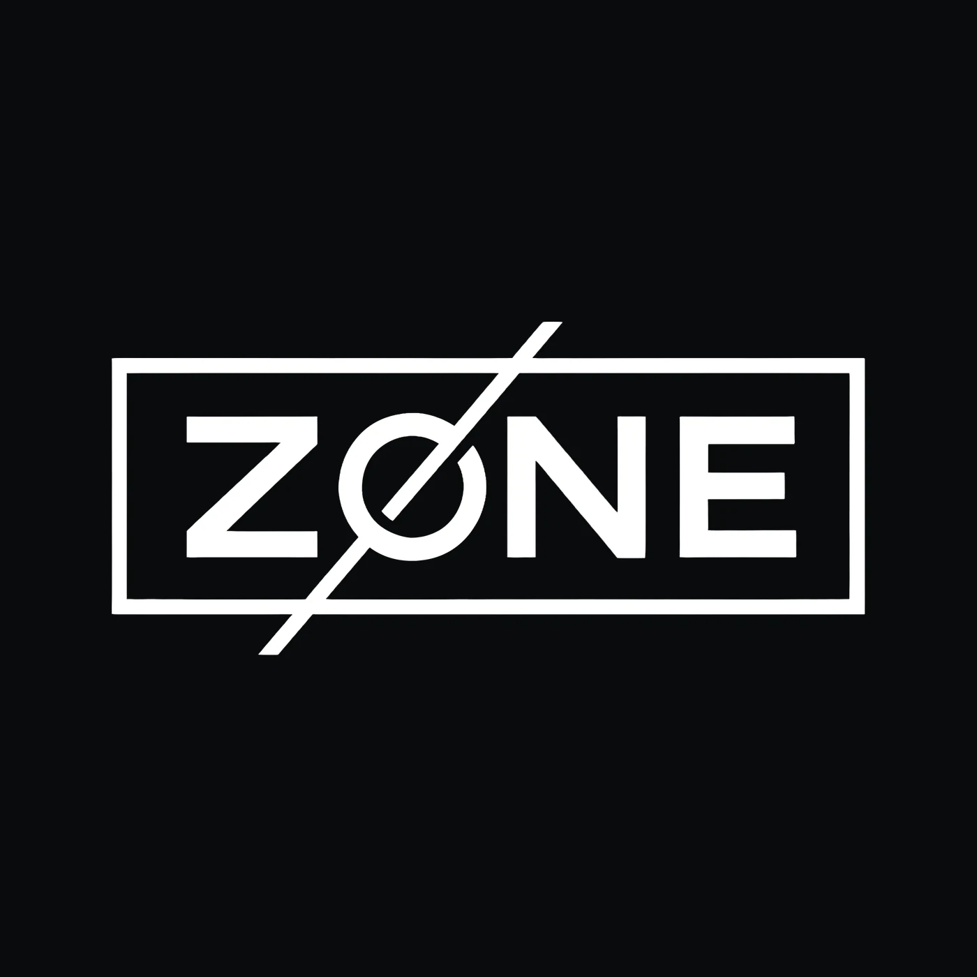 The refined Zone mark reversed in white on black: circular O, slash extended through the full frame
