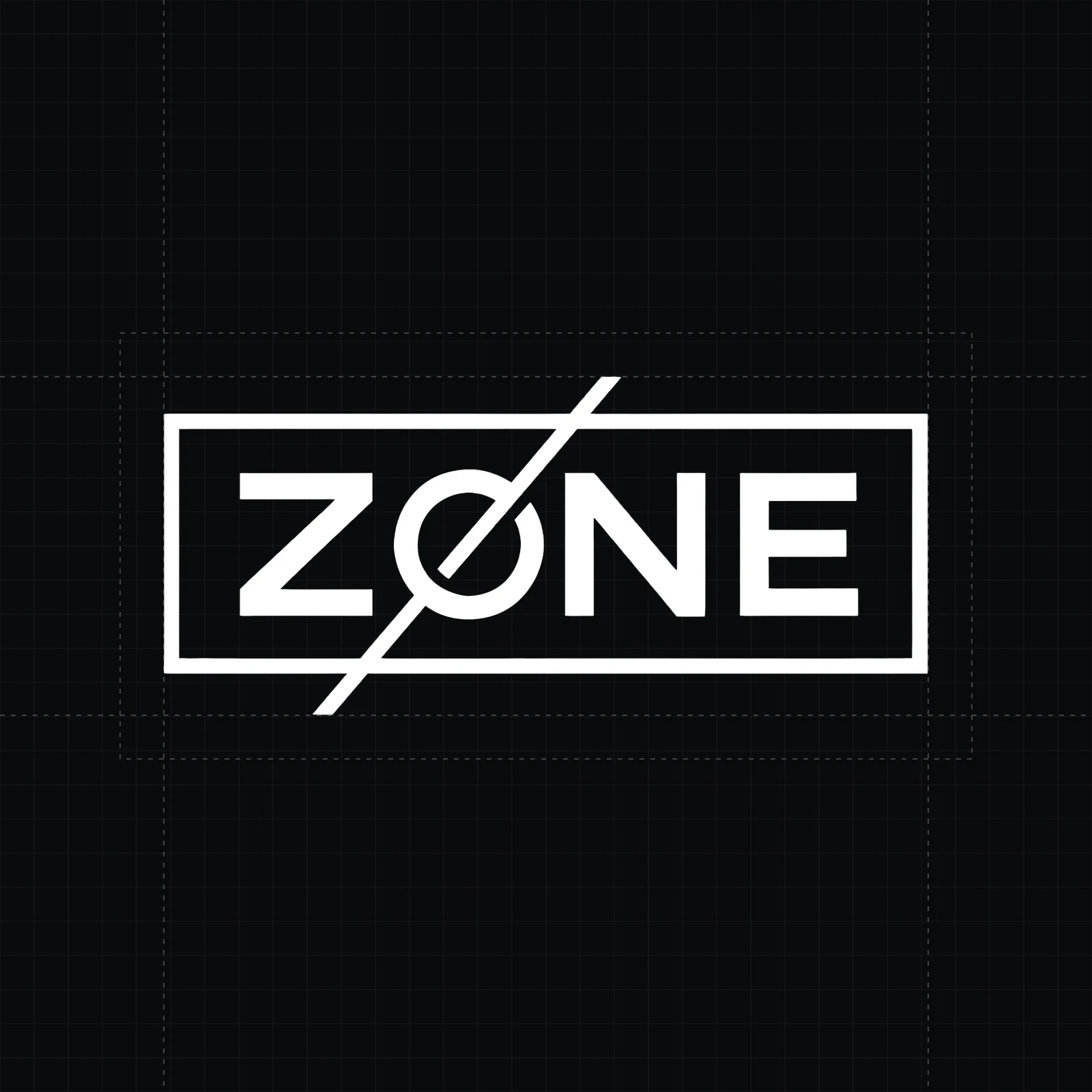 Zone wordmark construction: the boxed letters and slash shown over their alignment grid on black